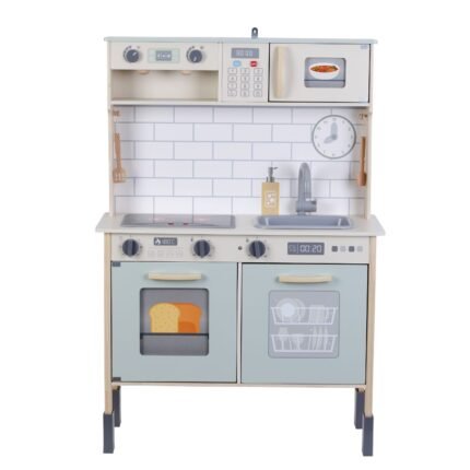 Дървена детска кухня с мивка, котлони, съдомиялна, микровълнова. в сив цвят