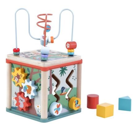 Дървен детски образователен куб с активности. 5 игри