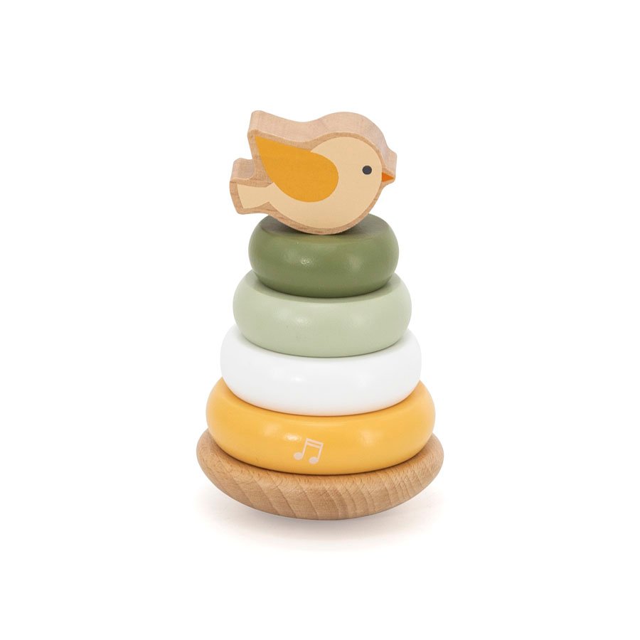 44298-ringove-za-nanizvane-ptichka Дървената кула „Птичка“ от PolarB е създадена за деца около 1 година и насърчава развитието на фината моторика и координацията.