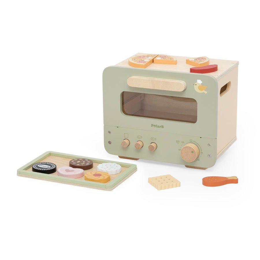 44260N-pekarna-za-sladki Детска дървена пекарна PolarB от VIGA Toys – преносима фурна с печива, пица и месо. Образователна играчка за ролеви игри, социални и готварски умения. Безопасна и сертифицирана.