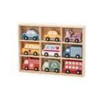 Дървени превозни средства PolarB – 9 колички в кутия. Ролеви игри, правила за движение и социални умения. Безопасна и сертифицирана играчка.