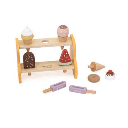 Дървен щанд за сладоледи PolarB с пастелни цветове и заоблени форми. Безопасна ролева игра, която развива въображението и социалните умения на деца над 18м