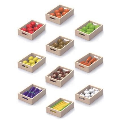 Дървени касетки с плодове и зеленчуци за ролеви игри от VIGA Toys. Подходящи за магазини, детски градини и образователни центрове. Развиват социални умения и въображение.