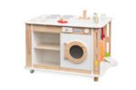 Модерен дървен Монтесори център за игра с пералня, кухня, мивка и еко сортиране. Развива самостоятелност, логика и житейски умения.