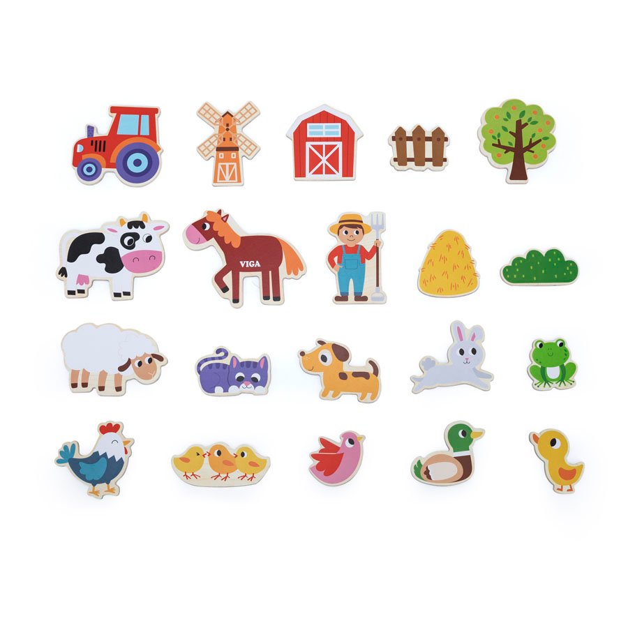 44797-viga-toys-magniti-jivotni-ferma Магнитен комплект „Животни и елементи от фермата“ от VIGA Toys с 20 дървени магнитни фигури. Образователна и безопасна игра за деца над 18 месеца.