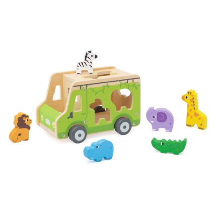 Дървен сафари камион за сортиране с животни от VIGA Toys. Образователна играчка за развитие на фината моторика, логическото мислене и игра без екрани.