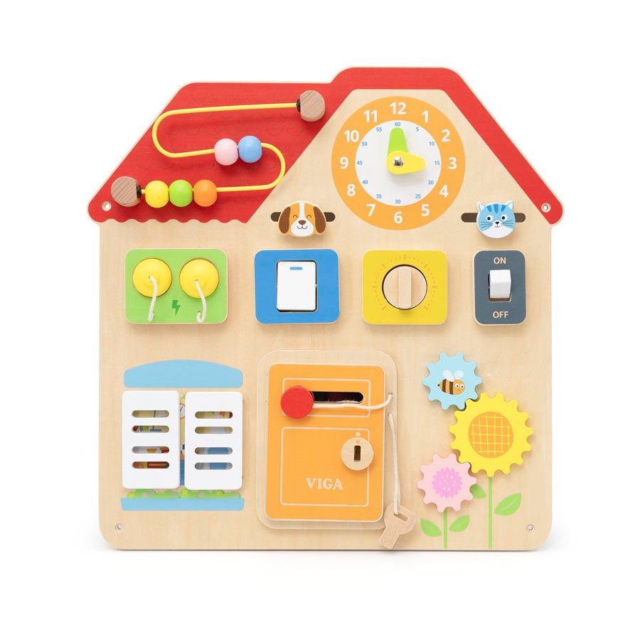 44823-viga-toys-busy-board Монтесори къща с активности – дървен бизиборд от VIGA Toys. Образователна дървена играчка за развитие на фината моторика, логическото мислене и концентрацията при деца над 3 години.