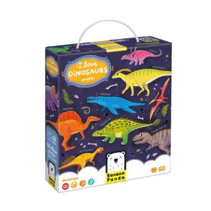 Детски пъзел с динозаври 60 части Banana Panda (4+). Голям пъзел 66×32 см с изписани имена на динозаври. Развива моторика и логика.