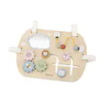Дървен бизиборд VIGA Toys PolarB 44302 с 4 активности – огледалце, мъниста, зъбни колела и плъзгачи. Лесен монтаж към легло/кошара. Сертифициран.