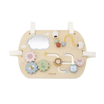 Дървен бизиборд VIGA Toys PolarB 44302 с 4 активности – огледалце, мъниста, зъбни колела и плъзгачи. Лесен монтаж към легло/кошара. Сертифициран.