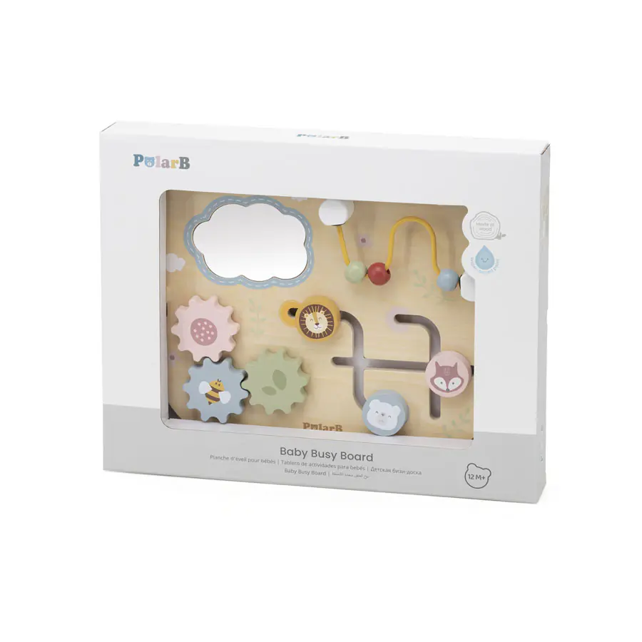 Дървен бизиборд VIGA Toys PolarB 44302 с 4 активности – огледалце, мъниста, зъбни колела и плъзгачи. Лесен монтаж към легло/кошара. Сертифициран.