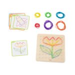 Монтесори геоборд с ластици и шаблони от VIGA Toys. Образователна дървена игра за създаване на геометрични фигури и модели. Развива логика, фина моторика и креативност.