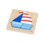 Дървен пъзел с големи елементи – Платноходка от VIGA Toys. Лодката се сглобява от 5 части върху дървена основа. Подходящ като първи пъзел, пъзел за малки деца и бебешки пъзел с големи и заоблени елементи.