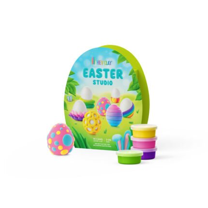 HEY CLAY Easter Studio – комплект глина за моделиране за украса на великденски яйца. Включва 14 кутийки глина и инструменти за създаване на цветни декорации.