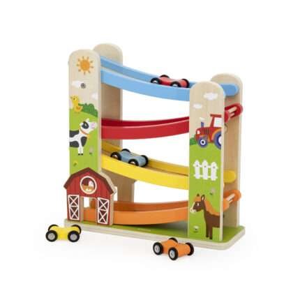 Дървена писта Ферма с 4 колички VIGA Toys 44844 за деца над 18 месеца