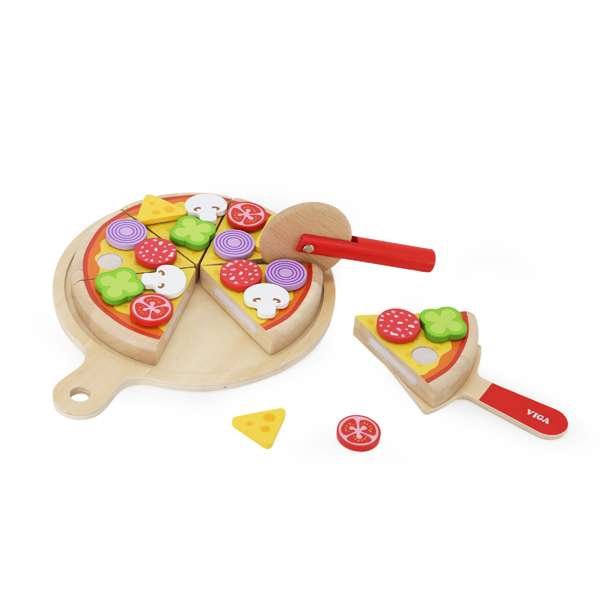 darvena-pica-za-ryazane-viga-toys-44885 Дървена пица за рязане VIGA Toys с шест парчета, добавки и прибори