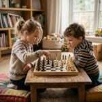 Две деца играят с дървен шах Playsense