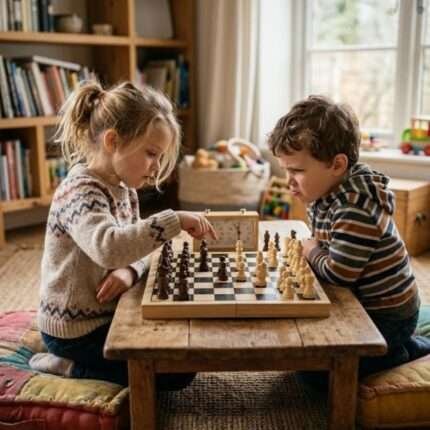 Две деца играят с дървен шах Playsense
