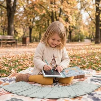 LCD книжка PLAYSENSE с 15 двустранни карти за очертаване и свободно рисуване. Развива въображението и подпомага подготовката за писане. За деца над 3 г.